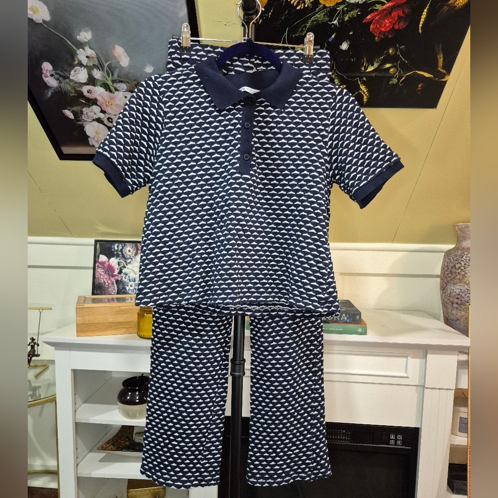 Zara Navy and White Patterned Pant And Polo Set